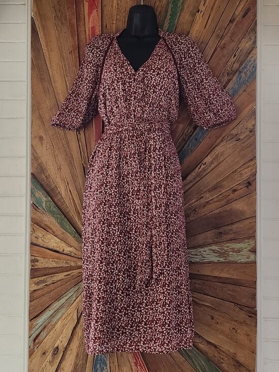 Ba&sh Robe Kama in Bordoax silk/viscose a-line textured flowy Dress Sz 2 - Picture 5 of 16